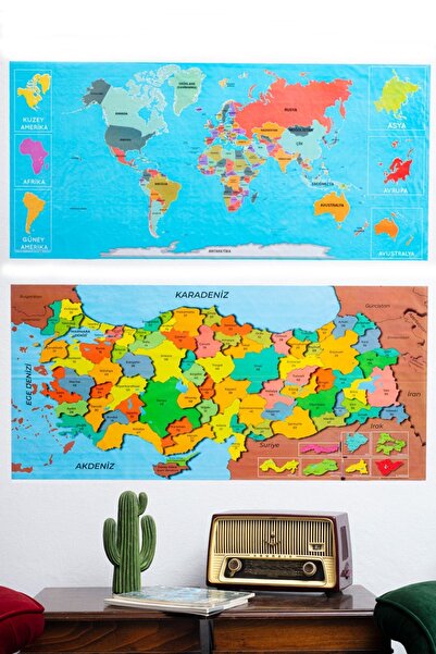 Farklı Bi Kağıt Pratik Tutunabilir Türkiye Ve Dünya Haritası 118x56cm