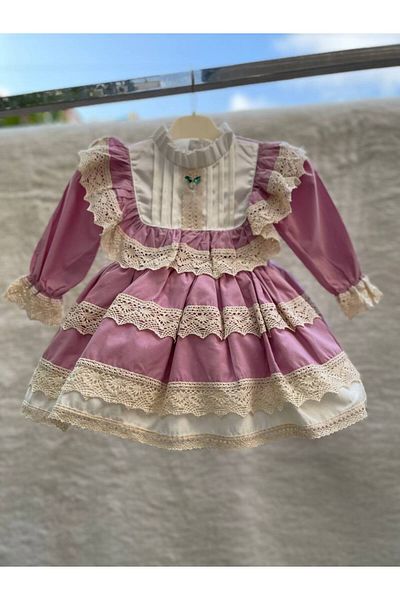 Sare Çocuk Giyim Lilac Vintage - Cotton Cream Laced Antiallergic Birthday Evening Dress
