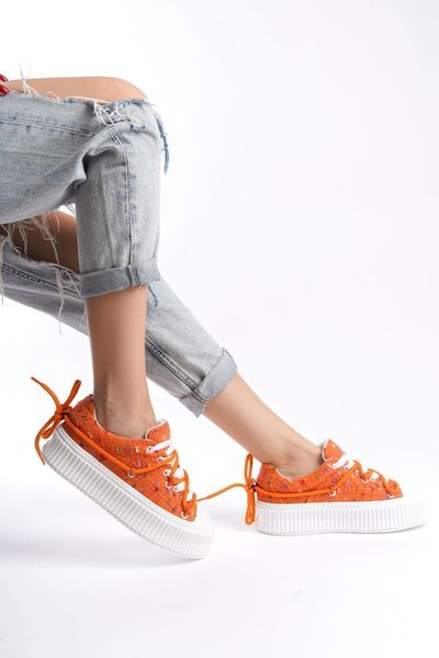 Limeo Orange Textile High Sole Ankle Lacing Detailed Soft Sneakers Women's Casual Sports Shoes