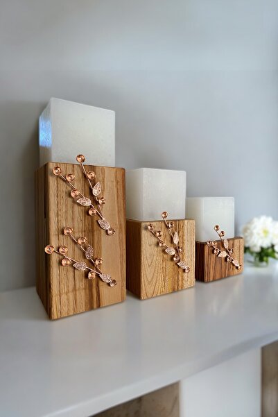 GRİKOZALAK 3'lü Aksesuarlı Kare Ahşap Şamdan Set Mumluk, Dekoratif Mumluk, He...