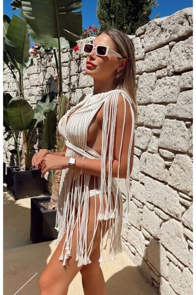 Hayal Makrome Γυναικείο φόρεμα παραλίας και φεστιβάλ Ecru Macrame