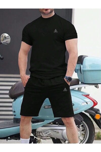 Generic Brand Black Triangle Ufo Logo T-Shirt and Shorts - Printed Crew Neck Set