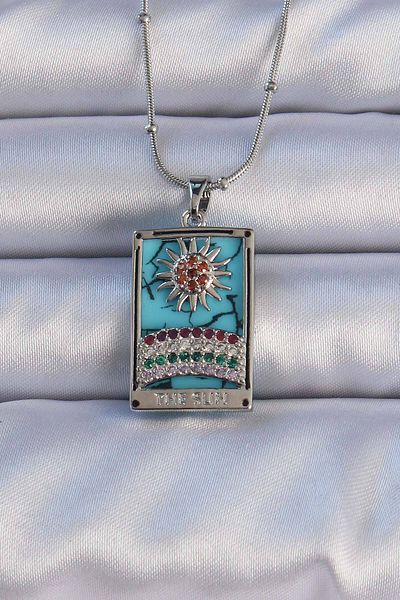 Moka Shopin Mokashopin 316L Tarot Necklace - Colorful Marble Pattern, Zircon Stone and Sun Figure