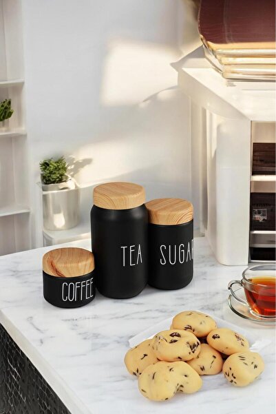 Akkoyunlu home 3 Boy Çay Kahve Şeker Kavanozu Cam Kavanoz Seti Ahşap Görünüml...