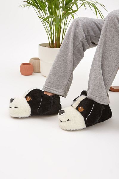 Moda Devrin Mdes Black Animal Silent Sole Slippers Cute Dog Figured βελούδινα παπούτσια για το σπίτι