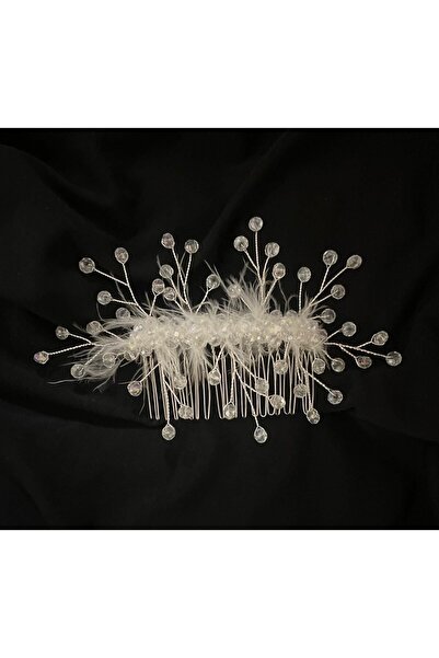 DesaAccessories Beyaz Kristal Taşlı Tüy Detay Taraklı Saç Aksesuarı, Nişan, G...