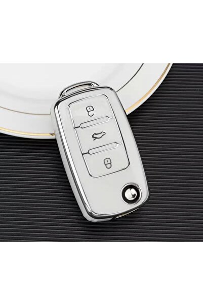 emii auto spare parts حافظة مفاتيح سكودا باللون الأبيض/الفضي - متوافقة مع الح...