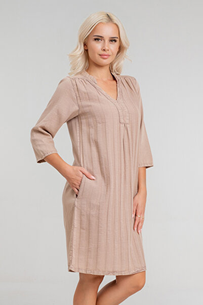 Bold & Young Γυναικείο φόρεμα με ριγέ βαμβακερό μανίκι 3/4 - Αντισυρρικτικό υφαντό ύφασμα