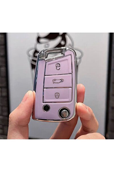 emii auto spare parts Seat Volkswagen Skoda Anahtar Kılıfı Sustalı Model Yeni Kasa Uyumlu Lila/Gümüş