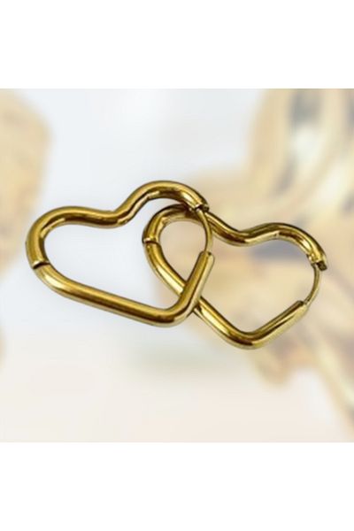 vira shop Heart Patterned Steel Gold Hoop Earrings