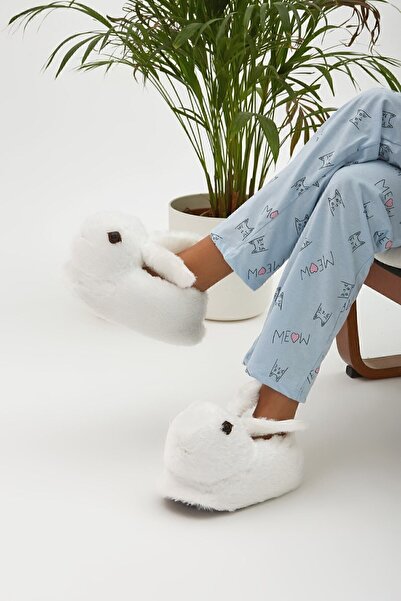 Moda Devrin أحذية منزلية بيضاء من القطيفة على شكل حيوانات مع تصميم أرنب (التطريز كما في الفيديو)