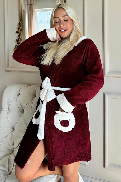 Pijamaevi Polar Plush Hooded and Claret Red Women's Dressing Gown with Pockets