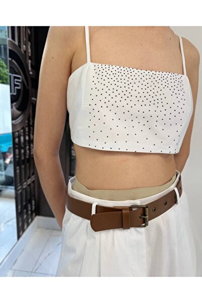 Lefon Taşlı Askılı Şık Crop, Sırt Bağlama Detaylı