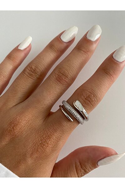 ringbox Gümüş Renkli Üç Sıralı Taşlı Yüzük