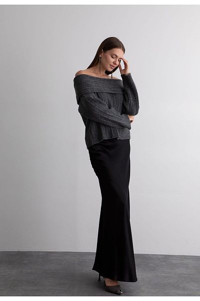 POMELO FASHİON Grauer Pullover für Damen mit offener Schulterfalte