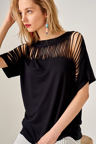 AQE FASHION Γυναικεία μαύρη μπλούζα κομμένη με λέιζερ