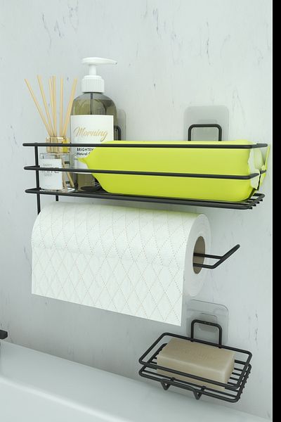 zabata Adhesive Bathroom Shelf Paper Towel Holder And Metal Soap Dish Set Organizer