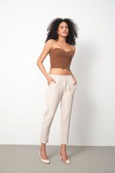 SIMO CLUB Kadın Havuç Kesim Bilek Boy  İp Detaylı Beli Lastikli Kumaş Pantolon