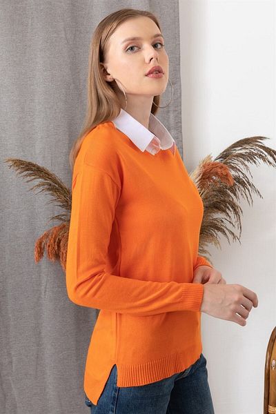 AQE FASHION Pulover de damă portocaliu cu guler cămașă