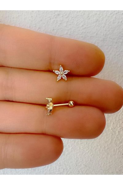 Arescollection 1 Piece Zircon Jewelled Flower Model Tragus Helix Kikirdak Lobe Fitting Piercing Earrings