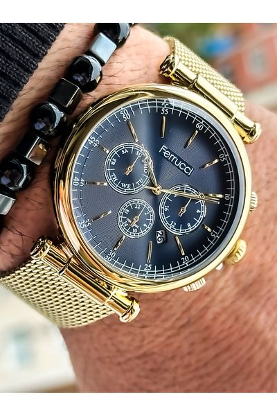 Ferrucci Men's Wristwatch - Navy Blue Dial, Steel Cord, Waterproof and Yellow Bracelet