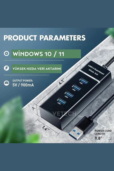Vetech 3.0 USB Çoğaltıcı 4 Port Yüksek Hızlı USB HUB Çoklayıcı Laptop / Notebook / PC Uyumlu