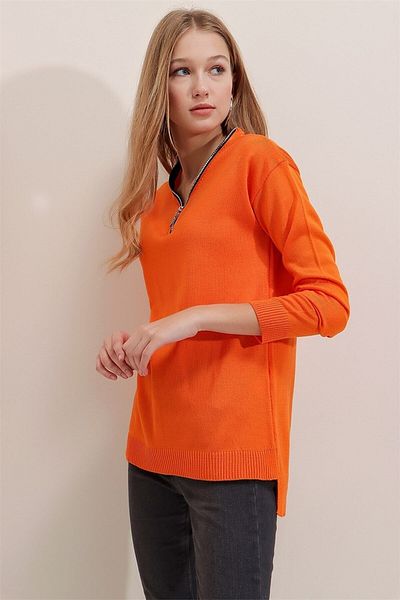 AQE FASHION Pulover de damă portocaliu cu fermoar cu guler