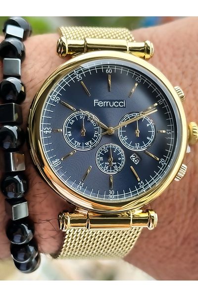 Ferrucci Men's Wristwatch - Navy Blue Dial, Steel Cord, Waterproof and Yellow Bracelet