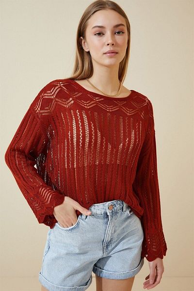 AQE FASHION Women's Openwork Knitted Tile Blouse