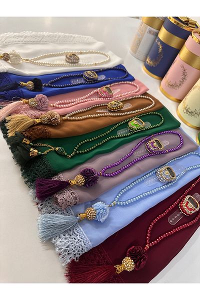 çeyizlik setim Mixed Color 10 Pieces Cover and Prayer Beads Set in Cylinder Box