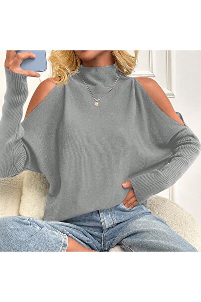 AQE FASHION Pulover de damă gri cu detaliu fereastră pe umăr