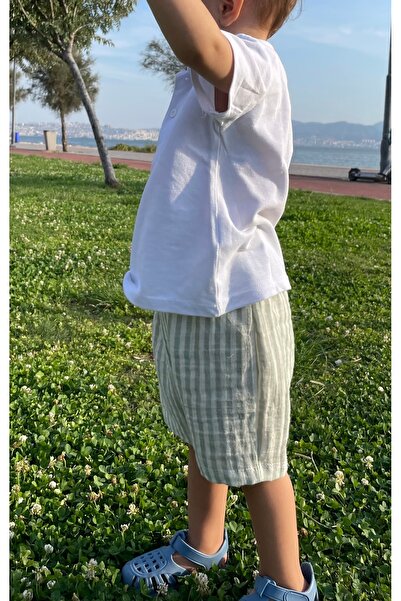 runbaby Green Striped 100% Cotton Muslin Baby Shorts - Double Layer