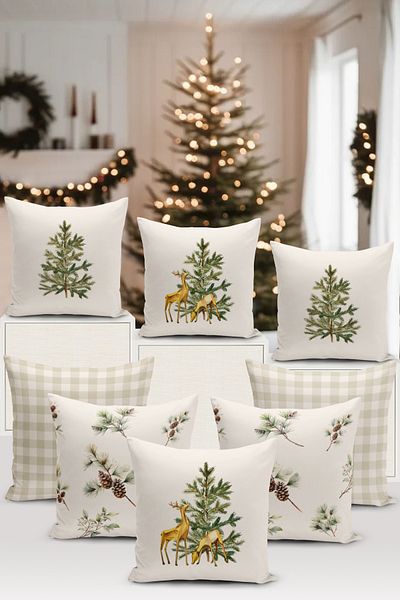 Bertille Home Πρωτοχρονιάτικη Σειρά - Σετ κάλυμμα μαξιλαριού ριχτάρι 8 τεμαχίων με ψηφιακή εκτύπωση διπλής όψης (Χριστουγεννιάτικο κάλυμμα μαξιλαριού)