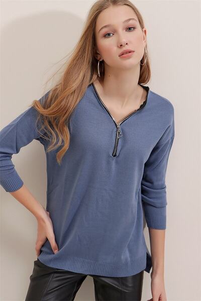 AQE FASHION Kadın Indigo Fermuar Yakalı Kazak