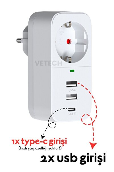 Vetech Akım Korumalı Akıllı Priz 2 USB Girişi + 1 TYPE-C Girişli Priz