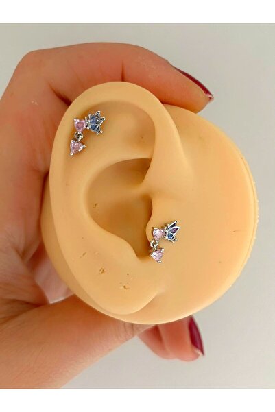 Arescollection CERRAHİ ÇELİK ZİRKON TAŞLI PEMBE KALPLİ TRAGUS KIKIRDAK HELİX LOBE UYUMLU PİERCİNG KÜPE ( 1 ADET)