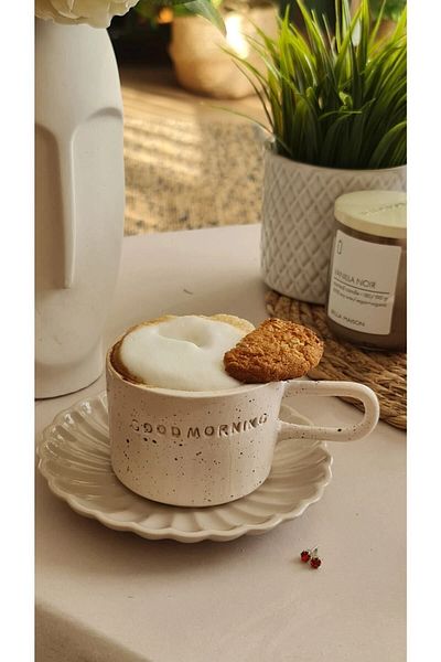 TERRACO Handmade Ceramic Coffee Mug Good Morning White Textured