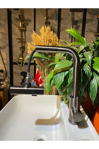 İSAOĞLU YAPI Anthracite Kitchen Faucet Anthracite Gray Spiral Sink Faucet Extending System Waterfall Flow