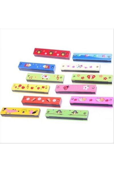 BULUT Haniş Home Ahşap Mızıka 16 Delikli Çift Sıralı Renkli Desenli Çocuk Mızıka