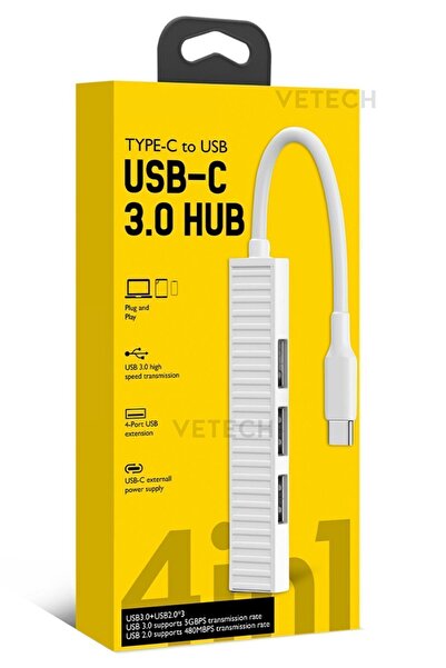 Vetech TYPE C USB Dönüştürücü Hub 4 Port Çoklayıcı Macbook / Laptop / Notebook Uyumlu Çoğaltıcı