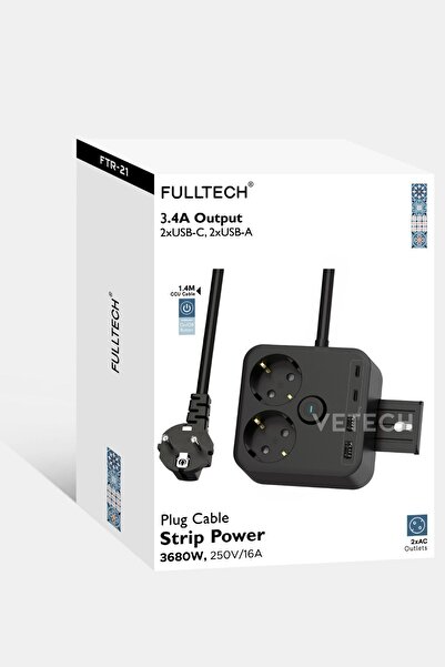 Vetech Akım Korumalı Priz 2'li Priz / 2x USB Girişi / 2x TYPE-C Girişi 1.4mt Kablo Grup Priz