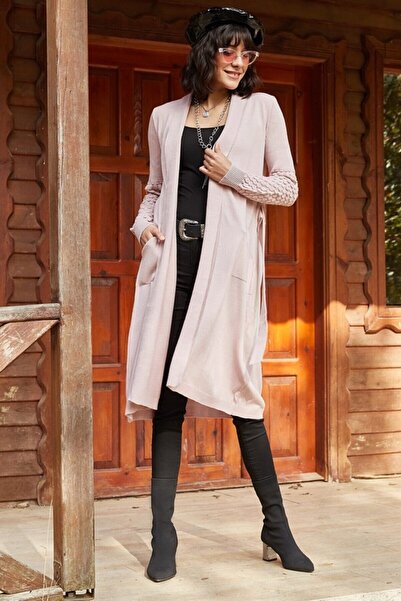 AQE FASHION سترة نسائية بجيب مفصل وربطة خصر بودرة