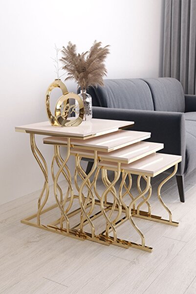 Puklife Hayal 4'lü Kare Zigon Sehpa Seti Gold Ayak, Krem Mdf