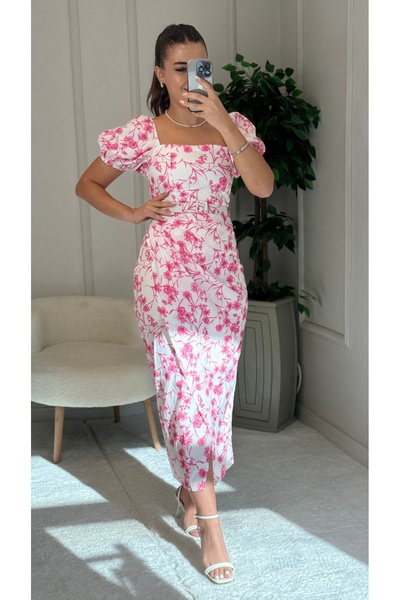 butiktulayyalcintas Çiçek desenli kemerli kısa kollu elbise