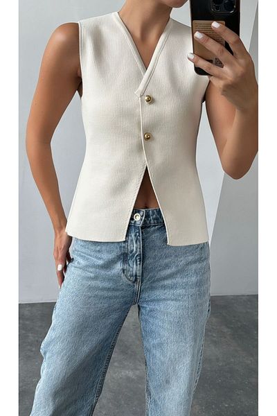 Zey Studio Cream Double-Breasted Collar and Gold Button Detailed Women's Knitwear Vest