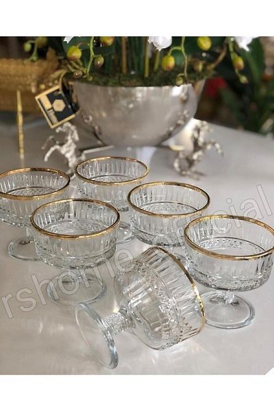 Paşabahçe Set of 6 Elysia Gold Gilded Ice Cream Snack Bowls with Feet 250 Cc -r