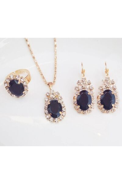 Takıtolia Aurora Crystal Stone Black Water Drop Necklace Earrings and Lover Gift Jewelry Set with Adjustable Ring