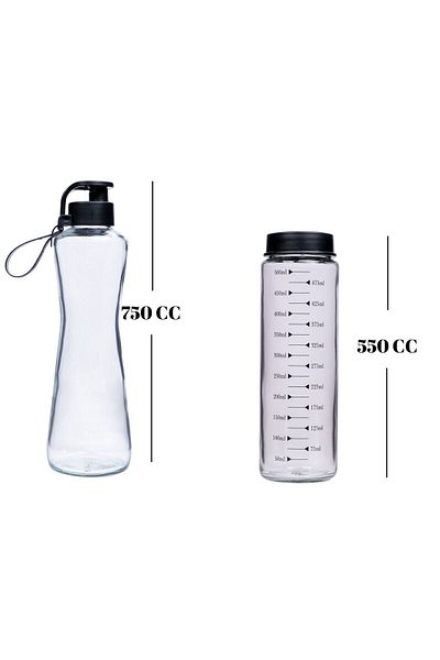 Hane Dostu 750 ml 2-Piece Glass Water Bottle Set - 550 Cc Scale Glass Water Bottle and Glass Water Bottle, Waterfresh