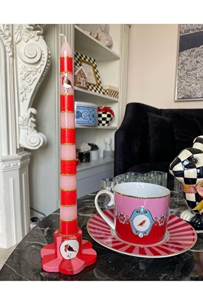 Handmade 1 Adet şamdan ve mum pip love birds  kuşlu özel tasarım(kırmızı)