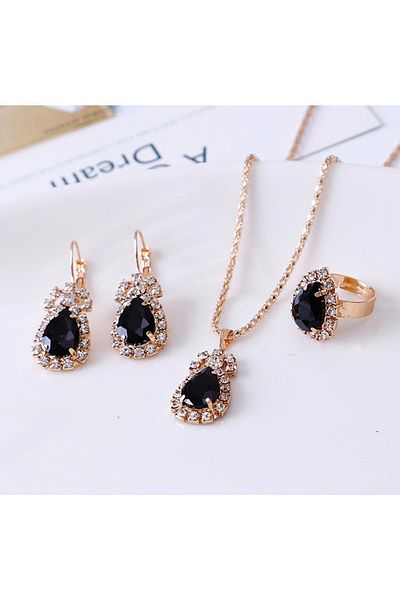Takıtolia Aurora Crystal Stone Black Water Drop Necklace Earrings and Lover Gift Jewelry Set with Adjustable Ring
